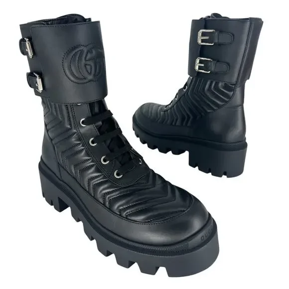 Gucci Frances Quilted Leather Combat Boots in Black - Picture 1 of 16